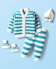 Babyhug Knit Full Sleeves Striped Front Open Sweater Set with Pair of Socks & Cap - Light Blue & White