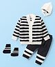 Babyhug Knitted Full Sleeves Striped Front Open Sweater Set with Cap  Pair of Booties - Navy Blue & White
