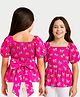 Arias Knit Half Balloon Sleeves Smocked Top with Bow Print & Applique - Pink