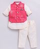 LITTLE COLLARS Blended Full Sleeves Solid Kurta & Pyjama With Ikat Printed Jacket Set - Pink
