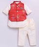 LITTLE COLLARS Blended Full Sleeves Solid Kurta & Pyjama With Ikat Printed Jacket Set - Red