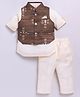 LITTLE COLLARS Blended Full Sleeves Solid Kurta & Pyjama With Ikat Printed Jacket Set - Brown