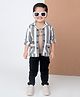 LITTLE COLLARS Cotton Full Sleeves Striped Shirt & Pant With Inner Tee Set - Black