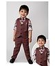 LITTLE COLLARS Blended Full Sleeves Floral Printed 3 Piece Party Suit Set With Bow & Brooches - Wine