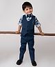 LITTLE COLLARS Blended Full Sleeves Floral Printed 3 Piece Party Suit Set With Bow & Brooches - Blue