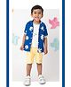 LITTLE COLLARS Pure Organic Muslin Cotton Half Sleeves Birds Printed Shirt & Shorts With Inner Tee Set - Royal Blue