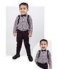 LITTLE COLLARS Blended Full Sleeves Checked & Suspender Attached Shirt & Pant With Bow Set - Wine