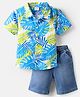 Babyhug Single Jersey Knit Half Sleeves Shirt & Denim Shorts Set With Leaf Print - Blue