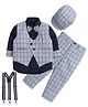 Lil' Homies Cotton Blend Full Sleeves 3 Piece Checked Party Suit Set With Cap Suspender & Bow - Grey