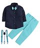 Lil' Homies Cotton Blend Full Sleeves Polka Dots Printed Shirt & Pant With Suspender & Bow Set - Turquoise