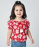 Babyhug 100% Cotton Knit Puffed Sleeves Top With Floral Print - Red