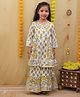 Vastrarth Cotton Three Fourth Sleeves Floral Printed Gota Lace Embellished Kurta Sharara Set - White & Yellow