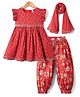 Babyhug Woven Frill Sleeves Rayon Printed Kurti Churidar & Dupatta Set - Red