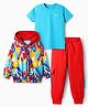 OLLINGTON ST. Cotton Knit Full Sleeves Guitar Print Hooded Jacket & Jogger with Knit T-Shirt - Light Blue & Red