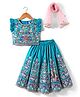 Babyhug Woven Frill Sleeves Kalli Style Embriodered Lehenga Choli & Dupatta Set - Teal Blue