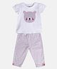 MINI KLUB Cotton Half Puffed Sleeves Bear Embroidered Top & Abstract Printed Leggings Set - White & Purple