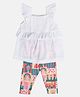 MINI KLUB Cotton Sleeveless Smock & Frill Detailed Swiss Dot Designed Top & Abstract Printed Leggings Set - White