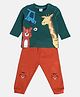 MINI KLUB Cotton Full Sleeves Animals Printed Tee & Pant Set - Green & Rust