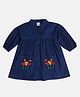 MINI KLUB Cotton Full Sleeves Floral Embroidered Shirt Style Dress - Navy Blue