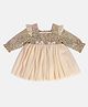 MINI KLUB Cotton Three Fourth Puffed Sleeves Sequins Embellished & Bow Applique Detailed Dress - Beige