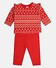 MINI KLUB Cotton Full Sleeves Frill Detailed Floral Printed Top With Solid Pant Set - Red