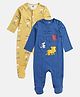 MINI KLUB Cotton Knit Pack Of 2 Full Sleeves Baby Animals & Typography Printed Sleepsuits - Blue & Mustard