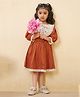 Tiny Twills Linen Three Fourth Sleeves Floral & Butterflies Embroidered Dress - Rust