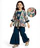 Babyhug Woven Floral Embroidered Top & Palazzo Set With Full Sleeves Shrug - Teal Blue