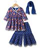 Babyhug Cotton Woven Three Fourth Sleeves Kurti Gharara & Dupatta Set With Cambric Print - Navy Blue