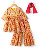 Babyhug Woven Three Forth Sleeves Floral Cambric Printed Kurti & Gharara Set With Dupatta - Yellow