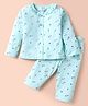 Smarty Girls 100% Cotton Knit Full Sleeves Frill Detail Neck Night Suit With Floral Print - Aqua Blue