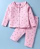 Smarty Girls 100% Cotton Knit Full Sleeves Frill Detail Neck Night Suit With Floral Print - Pink