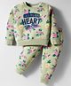 Smarty Girls Cotton Woven Full Sleeves Winter Night Suit with Text & Floral Print - Limegreen