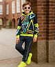 OLLINGTON ST. Cotton Knit Full Sleeves Hoodie Sweatshirts & Knit Joggers Set With Geometric Print - Neon Green & Navy Blue