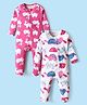 Kookie Kids Interlock Knit Full Sleeves Footed Sleep Suits with Bunny & Tortoise Print Pack of 2 - Dark Pink & White