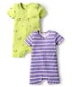 Kookie Kids Interlock Knit Half Sleeves Striped & Dino Printed Rompers Pack of 2 - Purple & Light Green