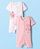 Kookie Kids Interlock Knit Half Sleeves Rompers with Stripes & One Of a Kind Text Print - Pink & White
