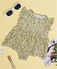 Creative Kids Rayon Flutter Sleeves Leaves Printed Frock Style Onesie - Green & Pink