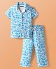 Pine Kids Single Jersey Knit Half Sleeves Beach Theme Printed Front Open Co-Ords Capri Night Suit - White & Light Blue