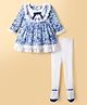 ToffyHouse Cotton Woven Full Sleeves Frock With Floral Print & Leggings - Blue & White