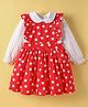 ToffyHouse 100% Woven Cotton Frill Detailed Frock & Full Sleeves Peter Pan Collared Inner Tee With Polka Dots Print - Red & White