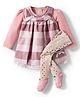 ToffyHouse Cotton Woven Checkered Frock & Full Sleeves Inner Tee With Lace Detailing & Stockings - Light Pink