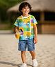 OLLINGTON ST. Cotton Half Sleeves Printed T-Shirt & Stretchable Denim Shorts Set - Yellow & Blue