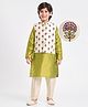 EARTHY TOUCH Cotton Woven Mandarin Collar Full Sleeves Kurta Pajama Set With Floral Printed Jacket - Olive Green