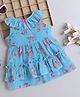 Many frocks & Georgette Sleeveless Frill Detailed Floral Printed Layered Dress - Blue