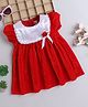 Many frocks & Velvet Half Puffed Sleeves Floral Applique Lace Detailed Dress - Red