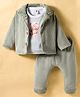 ToffyHouse Cotton Knit Full Sleeves Striped Bear Printed T-Shirt with Textured Jacket & Trouser Set - Olive Green