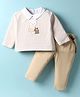 ToffyHouse Cotton Woven Full Sleeves Striped Polo T-Shirt & Trouser Pant With Teddy Embroidery & Suspender - Offwhite