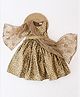 Qvink Tafetta Sleeveless Dots Foil Printed Gown With Dupatta & Belt - Golden