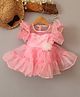 Qvink Organza Flutter Sleeves Floral Applique Detailed Tiered Dress - Pink